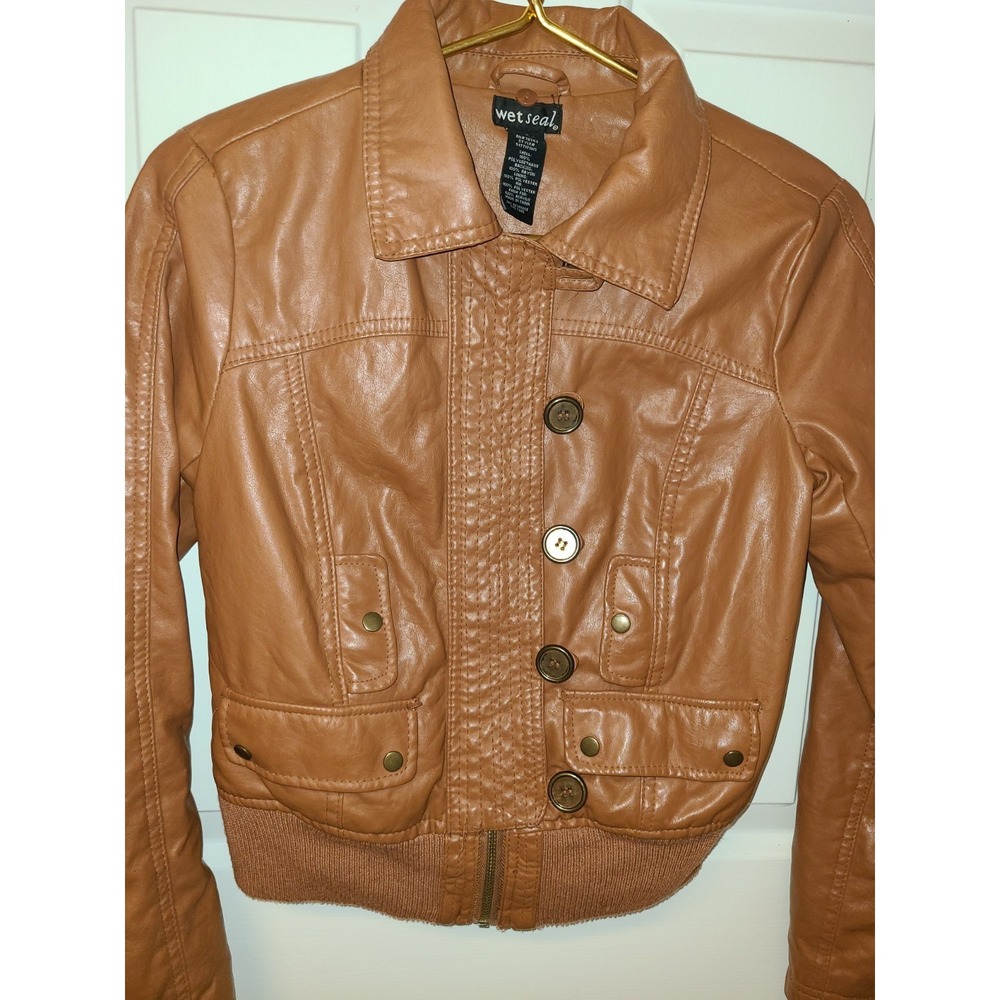 Wet Seal Brown Faux Leather Jacket S Moto Cropped Zip Button Accent Warm Cuffs